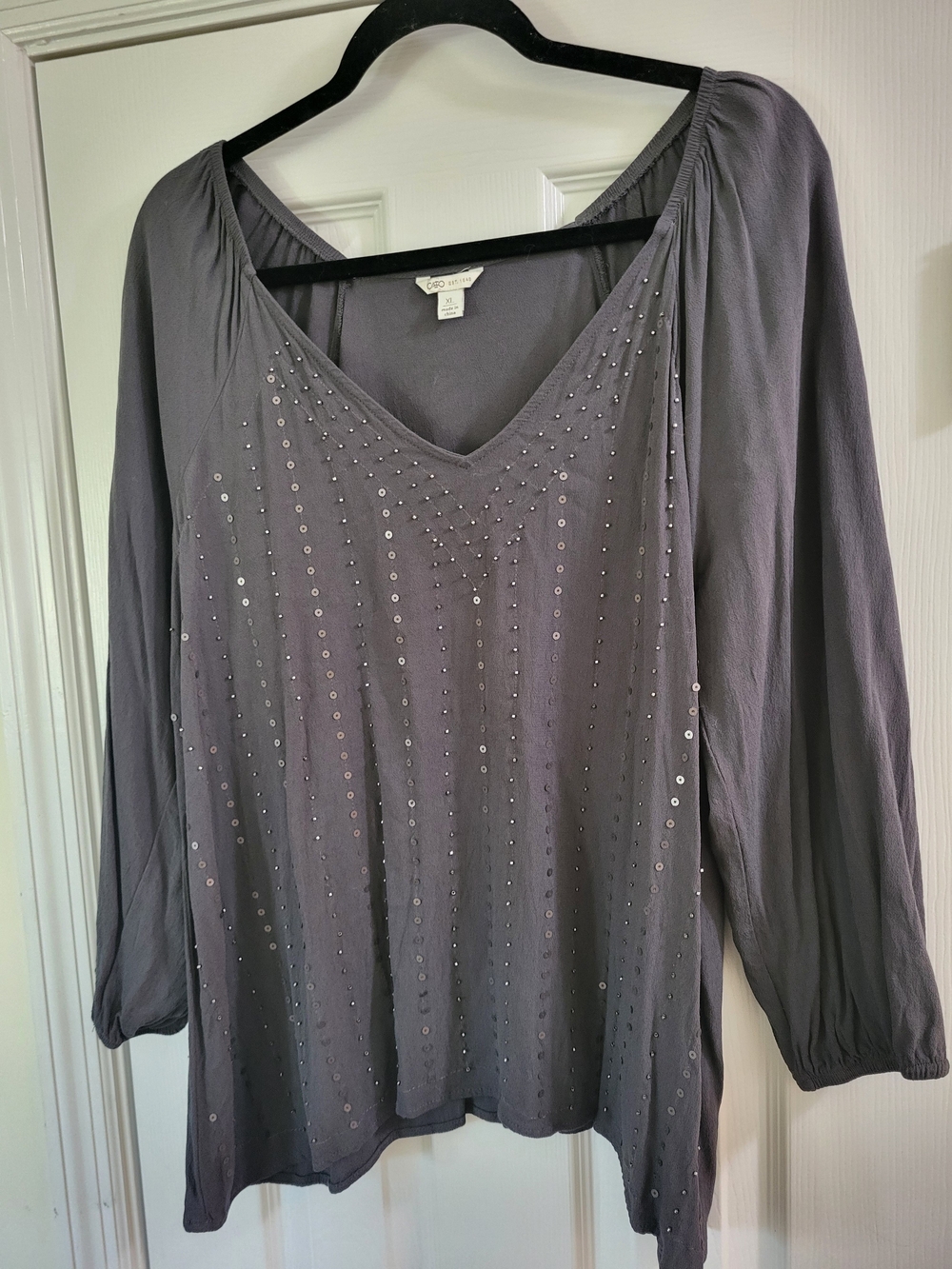 Cato Gray V-Neck Sequin Long Sleeve Blouse